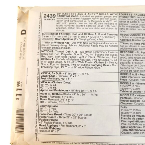 1990s Raggedy Ann & Andy Doll Sewing Patterns Nos. 2439 & 8377 Vintage Collectib - Picture 5 of 10